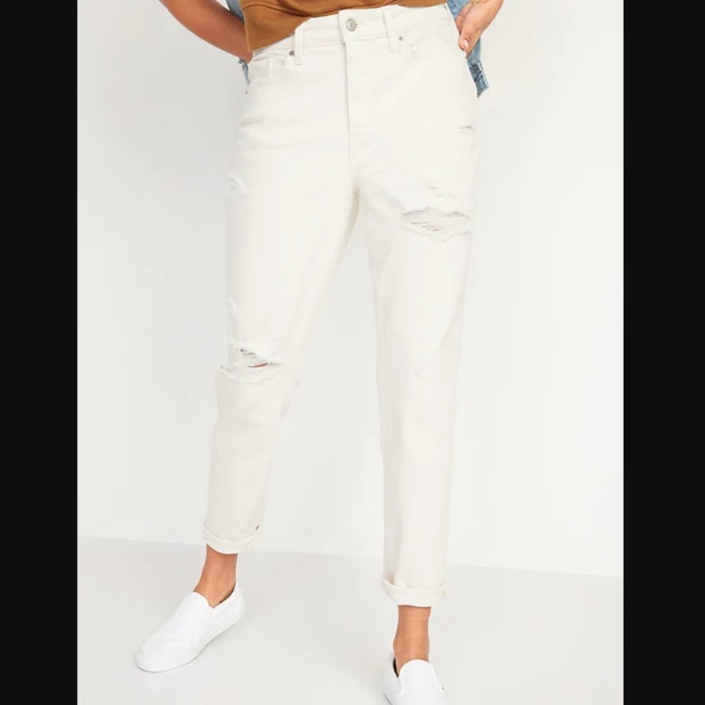NWT High-Waisted Straight Leg Ripped Jeans, Ecru-Wash